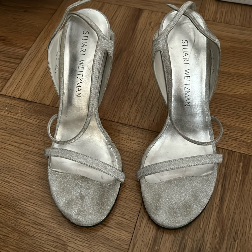 Start Weitzman Silver Glitter Heel Dancer Sandals